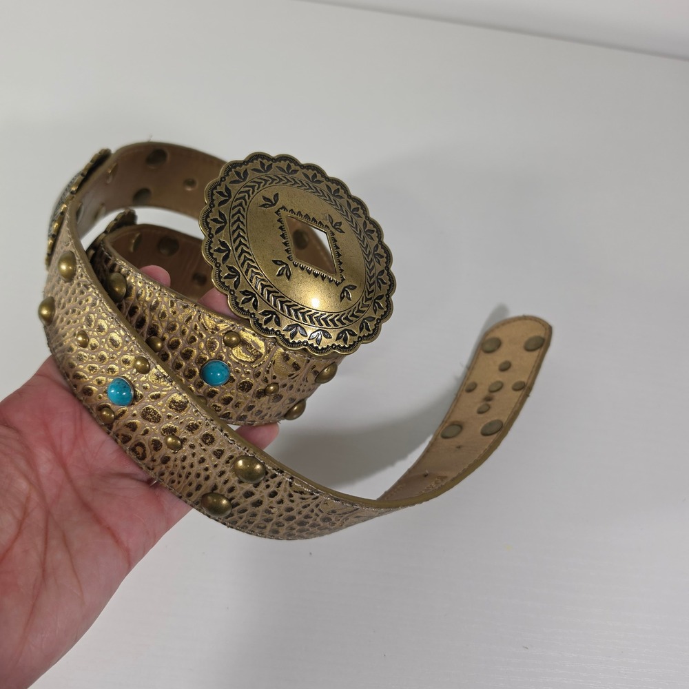 Kathy Van Zeeland Western Concho Belt Bronze Faux Croc Turquoise Studded Boho S - Picture 4 of 14